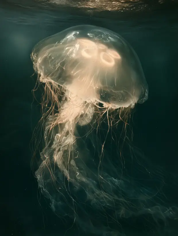 An illustrated plate of a moon jelly drifting near the surface, its four pale horseshoe marks showing through the bell