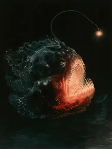 An illustrated plate of humpback anglerfish, Melanocetus johnsonii
