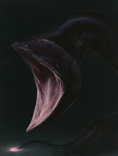 An illustrated plate of gulper eel, Eurypharynx pelecanoides